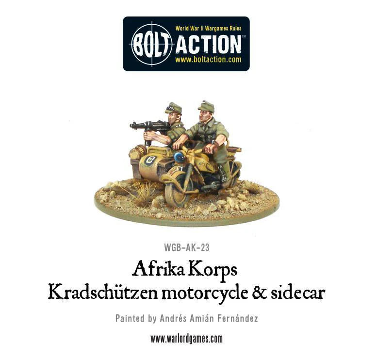 Bolt Action Afrika Korps Kradschutzen Motorcycle w/ Sidecar 1/56 (WGB-AK-23)