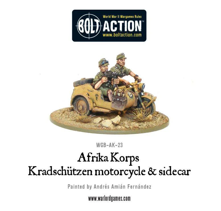 Bolt Action Afrika Korps Kradschutzen Motorcycle w/ Sidecar 1/56 (WGB-AK-23)