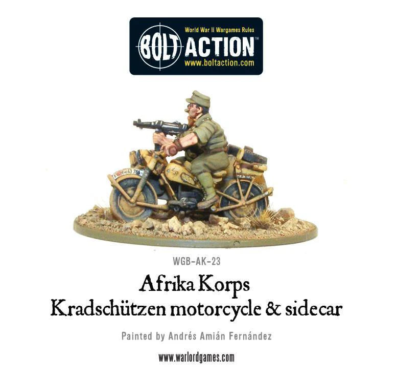 Bolt Action Afrika Korps Kradschutzen Motorcycle w/ Sidecar 1/56 (WGB-AK-23)