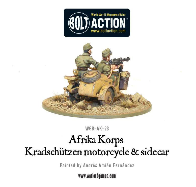 Bolt Action Afrika Korps Kradschutzen Motorcycle w/ Sidecar 1/56 (WGB-AK-23)